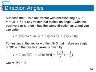 34
Direction Angles
Suppose that u is a unit vector with direction angle . If
is any vector that makes an angle  with the
positive x-axis, then it has the same direction as u and you
can write
For instance, the vector v of length 3 that makes an angle
of 30 with the positive x-axis is given by
where
 