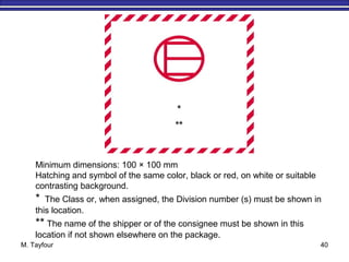 M. Tayfour 40
Minimum dimensions: 100 × 100 mm
Hatching and symbol of the same color, black or red, on white or suitable
contrasting background.
* The Class or, when assigned, the Division number (s) must be shown in
this location.
** The name of the shipper or of the consignee must be shown in this
location if not shown elsewhere on the package.
 