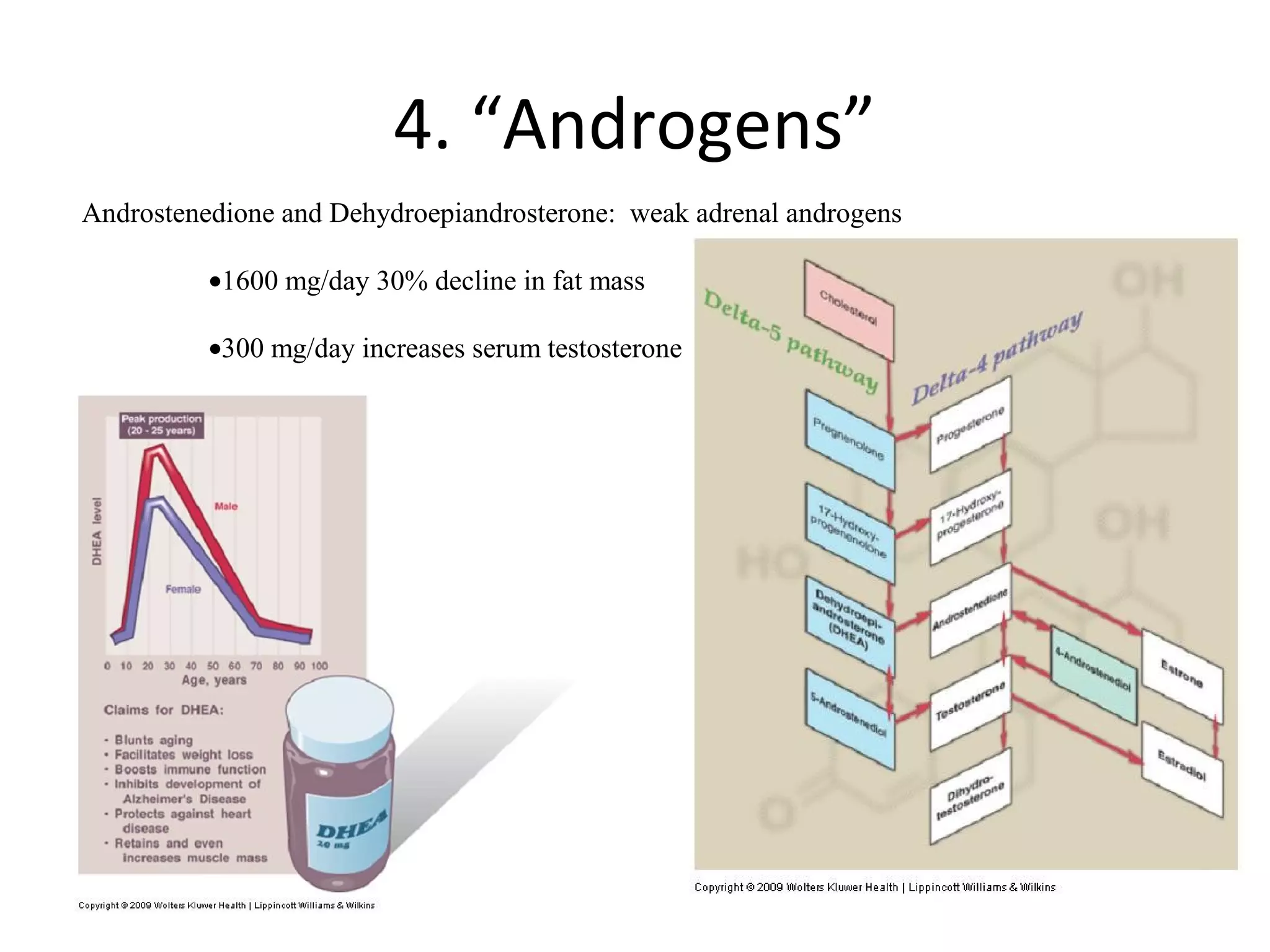 4. “Androgens”
Androstenedione and Dehydroepiandrosterone: weak adrenal androgens

          •1600 mg/day 30% decline in fat mass

          •300 mg/day increases serum testosterone
 