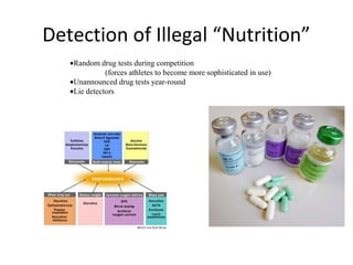 Detection of Illegal “Nutrition”
   •Random drug tests during competition
              (forces athletes to become more sophisticated in use)
   •Unannounced drug tests year-round
   •Lie detectors
 