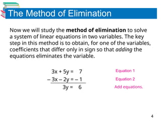 4
The Method of Elimination
Now we will study the method of elimination to solve
a system of linear equations in two variables. The key
step in this method is to obtain, for one of the variables,
coefficients that differ only in sign so that adding the
equations eliminates the variable.
3x + 5y = 7
– 3x – 2y = – 1
3y = 6
Equation 1
Equation 2
Add equations.
 