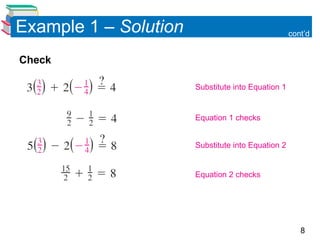 8
Example 1 – Solution
Check
cont’d
Substitute into Equation 1
Equation 1 checks
Substitute into Equation 2
Equation 2 checks
 