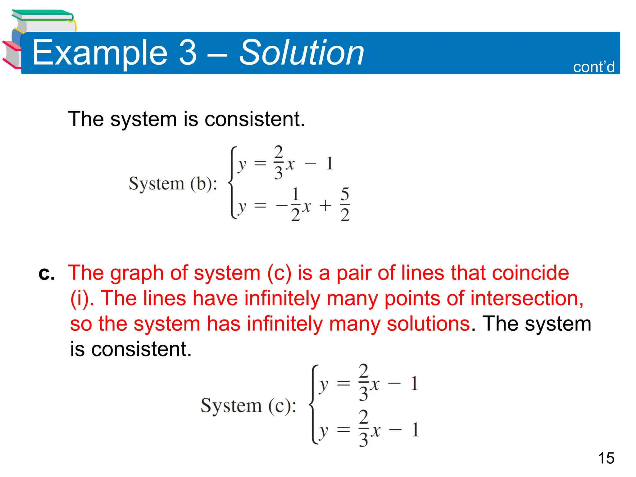 15
Example 3 &ndash; Solution
The system is consistent.
c. The graph of system (c) is a pair of lines that coincide
(i). The lines have infinitely many points of intersection,
so the system has infinitely many solutions. The system
is consistent.
cont&rsquo;d
 
