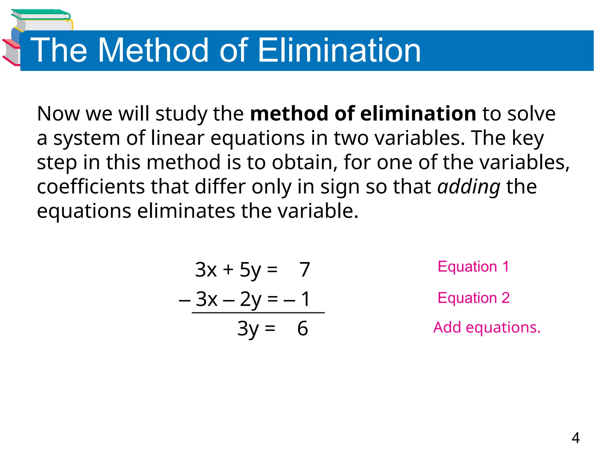 4
The Method of Elimination
Now we will study the method of elimination to solve
a system of linear equations in two variables. The key
step in this method is to obtain, for one of the variables,
coefficients that differ only in sign so that adding the
equations eliminates the variable.
3x + 5y = 7
&ndash; 3x &ndash; 2y = &ndash; 1
3y = 6
Equation 1
Equation 2
Add equations.
 