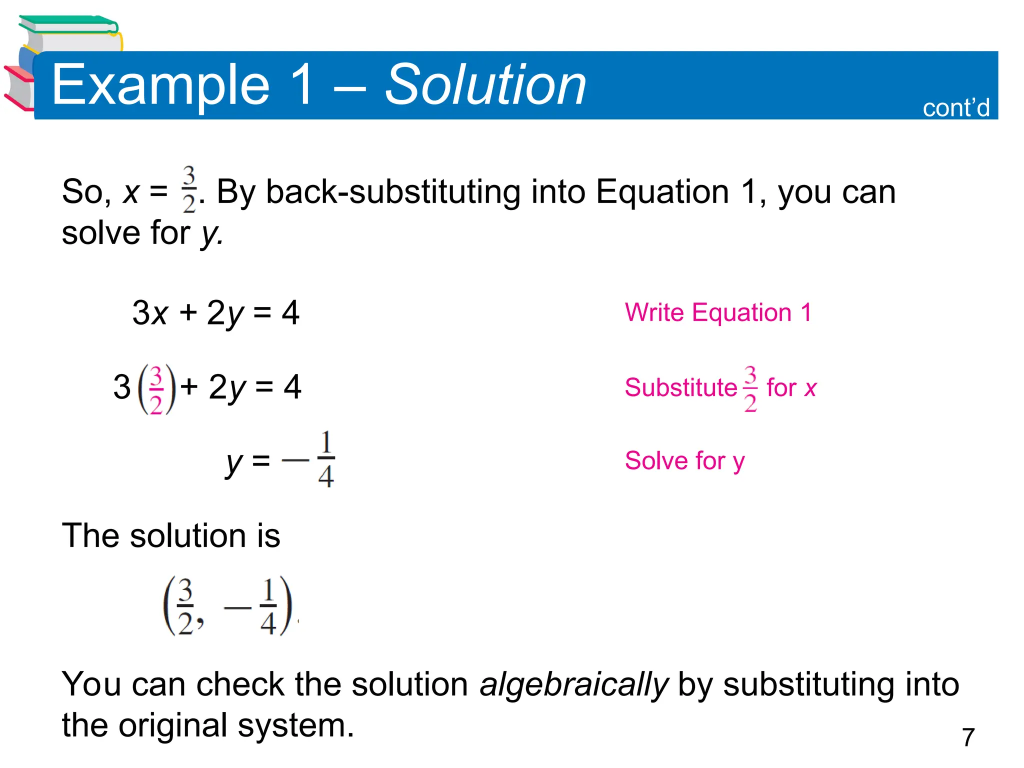 7
Example 1 &ndash; Solution
So, x = . By back-substituting into Equation 1, you can
solve for y.
3x + 2y = 4
3 + 2y = 4
y =
The solution is
You can check the solution algebraically by substituting into
the original system.
cont&rsquo;d
Write Equation 1
Substitute for x
Solve for y
 
