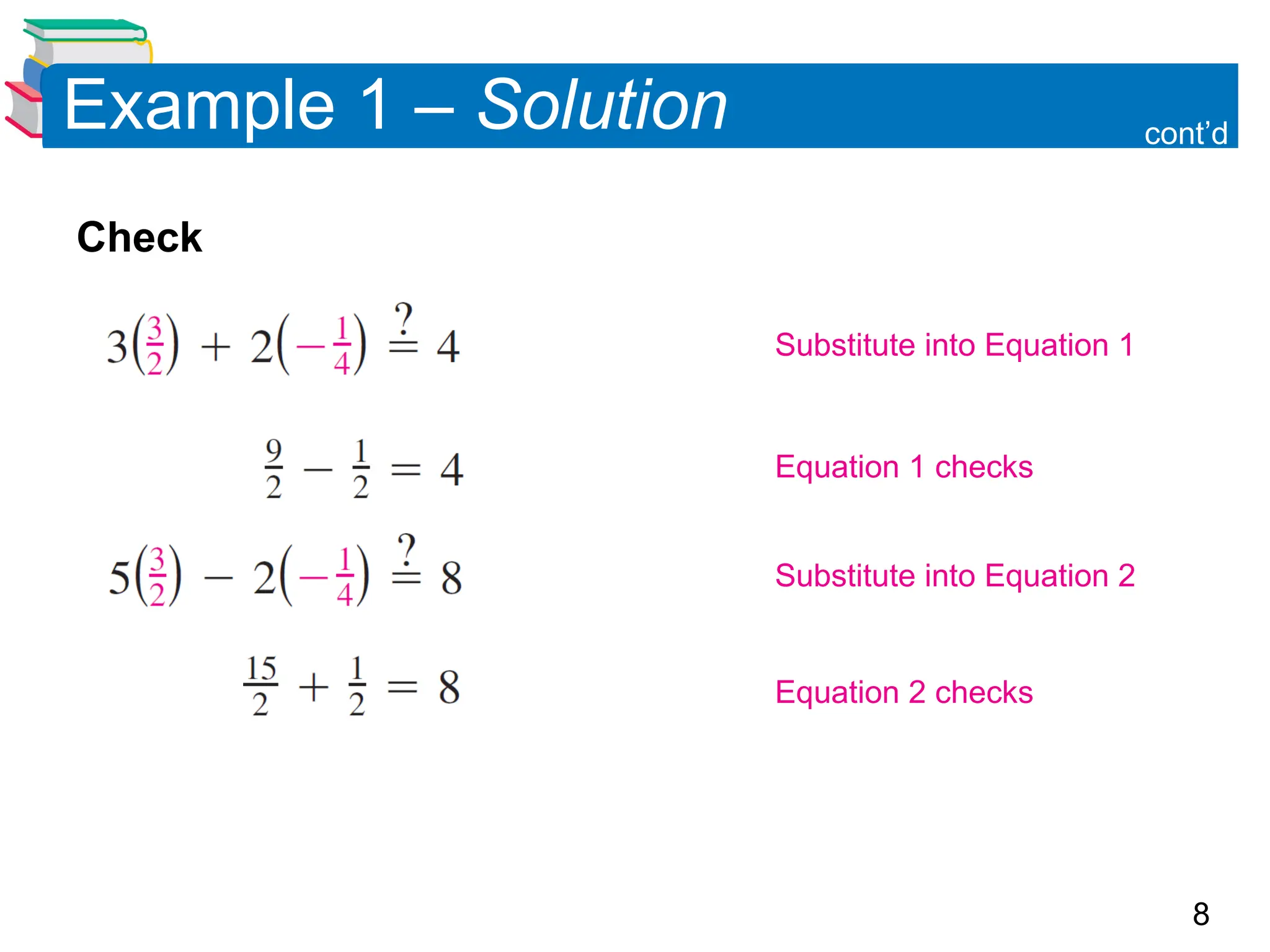8
Example 1 &ndash; Solution
Check
cont&rsquo;d
Substitute into Equation 1
Equation 1 checks
Substitute into Equation 2
Equation 2 checks
 