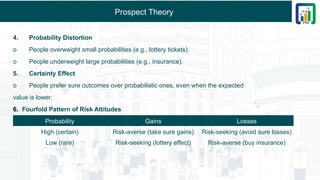 Prospect Theory
4. Probability Distortion
o People overweight small probabilities (e.g., lottery tickets).
o People underweight large probabilities (e.g., insurance).
5. Certainty Effect
o People prefer sure outcomes over probabilistic ones, even when the expected
value is lower.
6. Fourfold Pattern of Risk Attitudes
Probability Gains Losses
High (certain) Risk-averse (take sure gains) Risk-seeking (avoid sure losses)
Low (rare) Risk-seeking (lottery effect) Risk-averse (buy insurance)
 