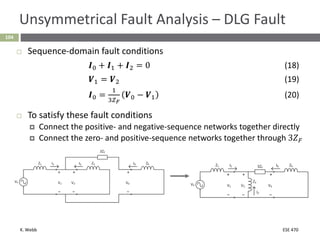 K. Webb ESE 470
104
Unsymmetrical Fault Analysis – DLG Fault
 Sequence-domain fault conditions
𝑰0 + 𝑰1 + 𝑰2 = 0 (18)
𝑽1 = 𝑽2 (19)
𝑰0 =
1
3𝑍𝐹
𝑽0 − 𝑽1 (20)
 To satisfy these fault conditions
 Connect the positive- and negative-sequence networks together directly
 Connect the zero- and positive-sequence networks together through 3𝑍𝐹
 