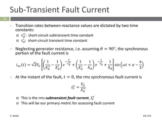 K. Webb ESE 470
11
Sub-Transient Fault Current
 Transition rates between reactance values are dictated by two time
constants:
 𝜏𝑑
′′
: short-circuit subtransient time constant
 𝜏𝑑
′
: short-circuit transient time constant
 Neglecting generator resistance, i.e. assuming 𝜃 = 90°, the synchronous
portion of the fault current is
𝑖𝑎𝑐 𝑡 = 2𝑉𝐺
1
𝑋𝑑
′′ −
1
𝑋𝑑
′ 𝑒
−
𝑡
𝜏𝑑
′′
+
1
𝑋𝑑
′ −
1
𝑋𝑑
𝑒
−
𝑡
𝜏𝑑
′
+
1
𝑋𝑑
sin 𝜔𝑡 + 𝛼 −
𝜋
2
 At the instant of the fault, 𝑡 = 0, the rms synchronous fault current is
𝐼𝐹
′′
=
𝑉𝐺
𝑋𝑑
′′
 This is the rms subtransient fault current, 𝐼𝐹
′′
 This will be our primary metric for assessing fault current
 