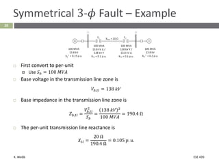 K. Webb ESE 470
20
Symmetrical 3-𝜙 Fault – Example
 First convert to per-unit
 Use 𝑆𝑏 = 100 𝑀𝑉𝐴
 Base voltage in the transmission line zone is
𝑉𝑏,𝑡𝑙 = 138 𝑘𝑉
 Base impedance in the transmission line zone is
𝑍𝑏,𝑡𝑙 =
𝑉𝑏,𝑡𝑙
2
𝑆𝑏
=
138 𝑘𝑉 2
100 𝑀𝑉𝐴
= 190.4 Ω
 The per-unit transmission line reactance is
𝑋𝑡𝑙 =
20 Ω
190.4 Ω
= 0.105 𝑝. 𝑢.
 
