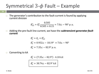 K. Webb ESE 470
24
Symmetrical 3-𝜙 Fault – Example
 The generator’s contribution to the fault current is found by applying
current division
𝑰𝐺2
′′
= 𝑰𝐹
′′
0.505
0.505 + 0.15
= 7.0∠ − 90° 𝑝. 𝑢.
 Adding the pre-fault line current, we have the subtransient generator fault
current
𝑰𝐺
′′
= 𝑰𝐿 + 𝑰𝐺2
′′
𝑰𝐺
′′
= 0.952∠ − 18.19° + 7.0∠ − 90°
𝑰𝐺
′′
= 7.35∠ − 82.9° 𝑝. 𝑢.
 Converting to kA
𝑰𝐺
′′
= 7.35∠ − 82.9° ⋅ 4.18 𝑘𝐴
𝑰𝐺
′′
= 30.74∠ − 82.9° 𝑘𝐴
 