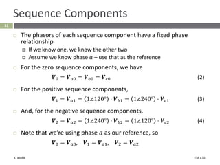 K. Webb ESE 470
31
Sequence Components
 The phasors of each sequence component have a fixed phase
relationship
 If we know one, we know the other two
 Assume we know phase 𝑎 – use that as the reference
 For the zero sequence components, we have
𝑽0 = 𝑽𝑎0 = 𝑽𝑏0 = 𝑽𝑐0 (2)
 For the positive sequence components,
𝑽1 = 𝑽𝑎1 = 1∠120° ⋅ 𝑽𝑏1 = 1∠240° ⋅ 𝑽𝑐1 (3)
 And, for the negative sequence components,
𝑽2 = 𝑽𝑎2 = 1∠240° ⋅ 𝑽𝑏2 = 1∠120° ⋅ 𝑽𝑐2 (4)
 Note that we’re using phase 𝑎 as our reference, so
𝑽0 = 𝑽𝑎0, 𝑽1 = 𝑽𝑎1, 𝑽2 = 𝑽𝑎2
 