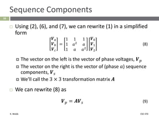 K. Webb ESE 470
33
Sequence Components
 Using (2), (6), and (7), we can rewrite (1) in a simplified
form
𝑽𝑎
𝑽𝑏
𝑽𝑐
=
1 1 1
1 𝑎2
𝑎
1 𝑎 𝑎2
𝑽0
𝑽1
𝑽2
(8)
 The vector on the left is the vector of phase voltages, 𝑽𝑝
 The vector on the right is the vector of (phase 𝑎) sequence
components, 𝑽𝑠
 We’ll call the 3 × 3 transformation matrix 𝑨
 We can rewrite (8) as
𝑽𝑝 = 𝑨𝑽𝑠 (9)
 