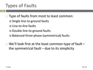 K. Webb ESE 470
4
Types of Faults
 Type of faults from most to least common:
 Single line-to-ground faults
 Line-to-line faults
 Double line-to-ground faults
 Balanced three-phase (symmetrical) faults
 We’ll look first at the least common type of fault –
the symmetrical fault – due to its simplicity
 