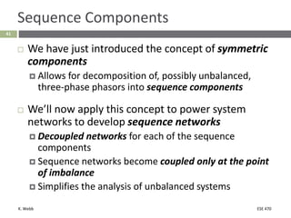 K. Webb ESE 470
41
Sequence Components
 We have just introduced the concept of symmetric
components
 Allows for decomposition of, possibly unbalanced,
three-phase phasors into sequence components
 We’ll now apply this concept to power system
networks to develop sequence networks
 Decoupled networks for each of the sequence
components
 Sequence networks become coupled only at the point
of imbalance
 Simplifies the analysis of unbalanced systems
 