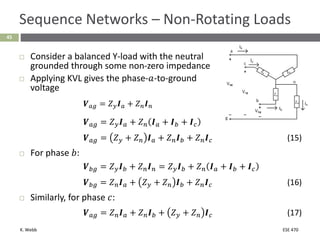 K. Webb ESE 470
45
Sequence Networks – Non-Rotating Loads
 Consider a balanced Y-load with the neutral
grounded through some non-zero impedance
 Applying KVL gives the phase-𝑎-to-ground
voltage
𝑽𝑎𝑔 = 𝑍𝑦𝑰𝑎 + 𝑍𝑛𝑰𝑛
𝑽𝑎𝑔 = 𝑍𝑦𝑰𝑎 + 𝑍𝑛 𝑰𝑎 + 𝑰𝑏 + 𝑰𝑐
𝑽𝑎𝑔 = 𝑍𝑦 + 𝑍𝑛 𝑰𝑎 + 𝑍𝑛𝑰𝑏 + 𝑍𝑛𝑰𝑐 (15)
 For phase 𝑏:
𝑽𝑏𝑔 = 𝑍𝑦𝑰𝑏 + 𝑍𝑛𝑰𝑛 = 𝑍𝑦𝑰𝑏 + 𝑍𝑛 𝑰𝑎 + 𝑰𝑏 + 𝑰𝑐
𝑽𝑏𝑔 = 𝑍𝑛𝑰𝑎 + 𝑍𝑦 + 𝑍𝑛 𝑰𝑏 + 𝑍𝑛𝑰𝑐 (16)
 Similarly, for phase 𝑐:
𝑽𝑎𝑔 = 𝑍𝑛𝑰𝑎 + 𝑍𝑛𝑰𝑏 + 𝑍𝑦 + 𝑍𝑛 𝑰𝑐 (17)
 
