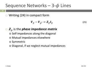 K. Webb ESE 470
52
Sequence Networks – 3-𝜙 Lines
 Writing (24) in compact form
𝑽𝑝 − 𝑽𝑝′ = 𝒁𝑝𝑰𝑝 (25)
 𝒁𝑝 is the phase impedance matrix
 Self impedances along the diagonal
 Mutual impedances elsewhere
 Symmetric
 Diagonal, if we neglect mutual impedances
 
