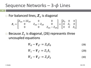 K. Webb ESE 470
54
Sequence Networks – 3-𝜙 Lines
 For balanced lines, 𝒁𝑠 is diagonal
𝒁𝑠 =
𝑍𝑎𝑎 + 2𝑍𝑎𝑏 0 0
0 𝑍𝑎𝑎 − 𝑍𝑎𝑏 0
0 0 𝑍𝑎𝑎 − 𝑍𝑎𝑏
=
𝑍0 0 0
0 𝑍1 0
0 0 𝑍2
 Because 𝑍𝑠 is diagonal, (26) represents three
uncoupled equations
𝑽0 − 𝑽0′ = 𝑍0𝑰0 (28)
𝑽1 − 𝑽1′ = 𝑍1𝑰1 (29)
𝑽2 − 𝑽2′ = 𝑍2𝑰2 (30)
 