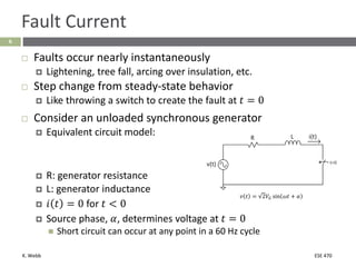 K. Webb ESE 470
6
Fault Current
 R: generator resistance
 L: generator inductance
 𝑖 𝑡 = 0 for 𝑡 < 0
 Source phase, 𝛼, determines voltage at 𝑡 = 0
 Short circuit can occur at any point in a 60 Hz cycle
 Faults occur nearly instantaneously
 Lightening, tree fall, arcing over insulation, etc.
 Step change from steady-state behavior
 Like throwing a switch to create the fault at 𝑡 = 0
 Consider an unloaded synchronous generator
 Equivalent circuit model:
𝑣 𝑡 = 2𝑉𝐺 sin 𝜔𝑡 + 𝛼
 