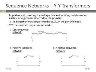 K. Webb ESE 470
62
Sequence Networks – Y-Y Transformers
 Impedance accounting for leakage flux and winding resistance for
each winding can be referred to the primary
 Add together into a single impedance, 𝑍𝑠, in the per-unit model
 Y-Y transformer sequence networks
 Positive-sequence
network:
 Negative-sequence
network:
 Zero-sequence
network:
 