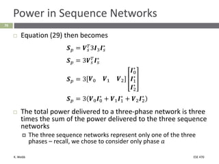 K. Webb ESE 470
70
Power in Sequence Networks
 Equation (29) then becomes
𝑺𝑝 = 𝑽𝑠
𝑇3𝑰3𝑰𝑠
∗
𝑺𝑝 = 3𝑽𝑠
𝑇
𝑰𝑠
∗
𝑺𝑝 = 3 𝑽0 𝑽1 𝑽2
𝑰0
∗
𝑰1
∗
𝑰2
∗
𝑺𝑝 = 3 𝑽0𝑰0
∗
+ 𝑽1𝑰1
∗
+ 𝑽2𝑰2
∗
 The total power delivered to a three-phase network is three
times the sum of the power delivered to the three sequence
networks
 The three sequence networks represent only one of the three
phases – recall, we chose to consider only phase 𝑎
 