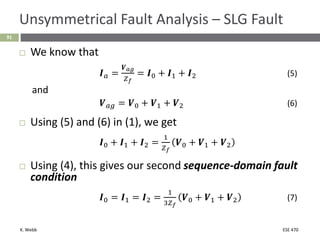 K. Webb ESE 470
91
Unsymmetrical Fault Analysis – SLG Fault
 We know that
𝑰𝑎 =
𝑽𝑎𝑔
𝑍𝑓
= 𝑰0 + 𝑰1 + 𝑰2 (5)
and
𝑽𝑎𝑔 = 𝑽0 + 𝑽1 + 𝑽2 (6)
 Using (5) and (6) in (1), we get
𝑰0 + 𝑰1 + 𝑰2 =
1
𝑍𝑓
𝑽0 + 𝑽1 + 𝑽2
 Using (4), this gives our second sequence-domain fault
condition
𝑰0 = 𝑰1 = 𝑰2 =
1
3𝑍𝑓
𝑽0 + 𝑽1 + 𝑽2 (7)
 