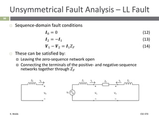 K. Webb ESE 470
98
Unsymmetrical Fault Analysis – LL Fault
 Sequence-domain fault conditions
𝑰0 = 0 (12)
𝑰2 = −𝑰1 (13)
𝑽1 − 𝑽2 = 𝑰1𝑍𝐹 (14)
 These can be satisfied by:
 Leaving the zero-sequence network open
 Connecting the terminals of the positive- and negative-sequence
networks together through 𝑍𝐹
 