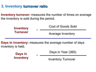 Inventory turnover: measures the number of times on average
the inventory is sold during the period.
Cost of Goods Sold
Average Inventory
Inventory
Turnover
=
Days in inventory: measures the average number of days
inventory is held.
Days in Year (365)
Inventory Turnover
Days in
Inventory
=
3. Inventory turnover ratioturnover ratio
 