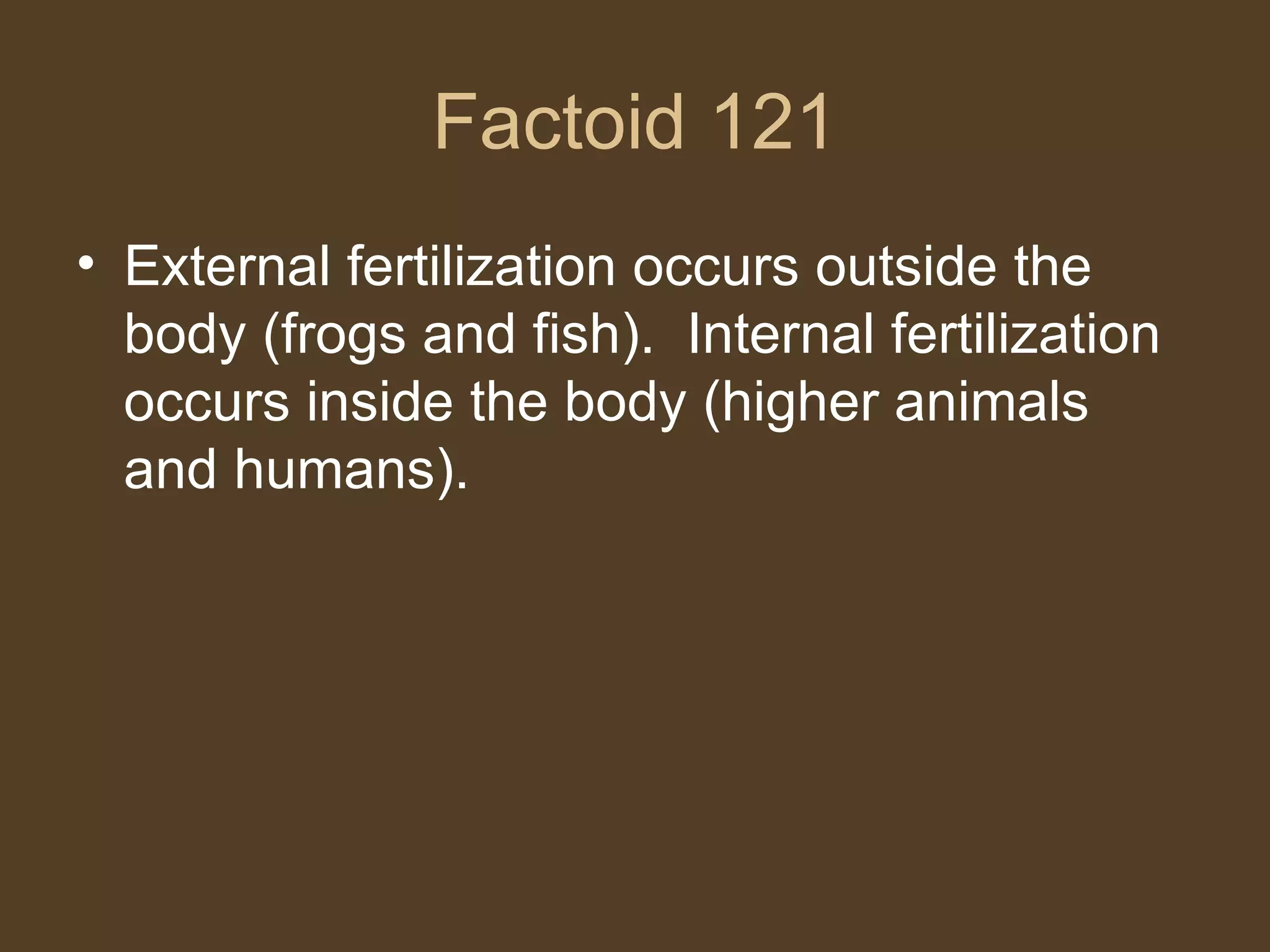 Factoid 121 External fertilization occurs outside the body (frogs and fish).  Internal fertilization occurs inside the body (higher animals and humans).  