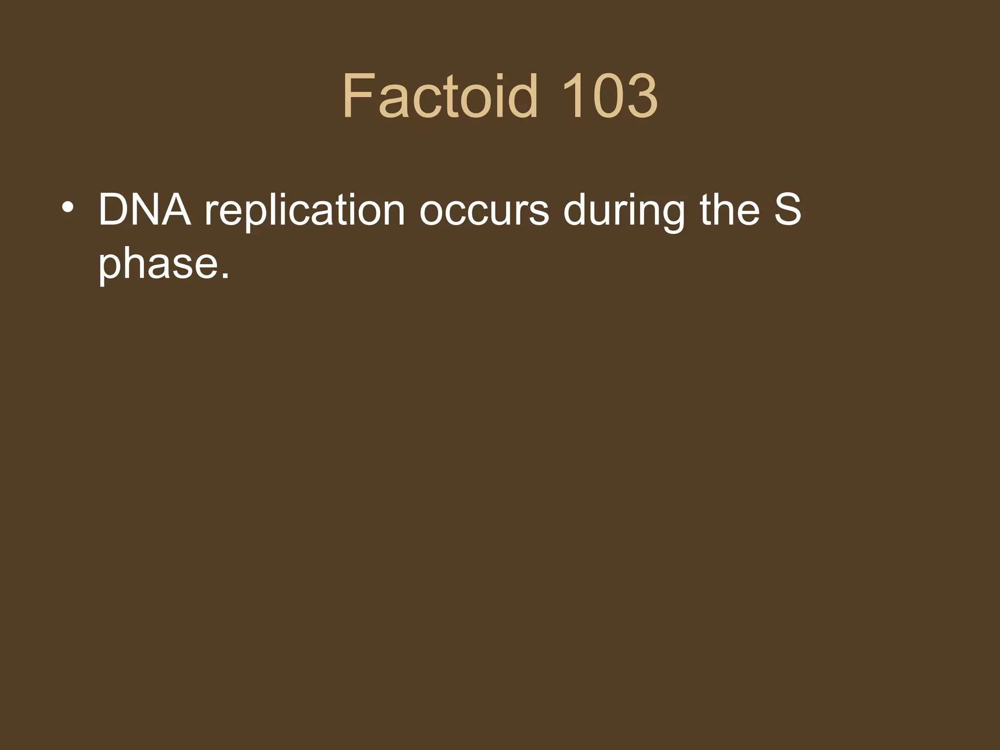 Factoid 103 DNA replication occurs during the S phase.  