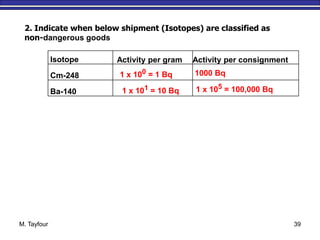M. Tayfour 39
2. Indicate when below shipment (Isotopes) are classified as
non-dangerous goods
Isotope Activity per gram Activity per consignment
Cm-248
Ba-140
1 x 100 = 1 Bq
1 x 101 = 10 Bq
1000 Bq
1 x 105 = 100,000 Bq
 