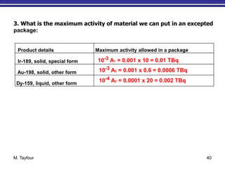 M. Tayfour 40
3. What is the maximum activity of material we can put in an excepted
package:
Product details Maximum activity allowed in a package
Ir-189, solid, special form
Au-198, solid, other form
Dy-159, liquid, other form
10-3 A1 = 0.001 x 10 = 0.01 TBq
10-3 A2 = 0.001 x 0.6 = 0.0006 TBq
10-4 A2 = 0.0001 x 20 = 0.002 TBq
 