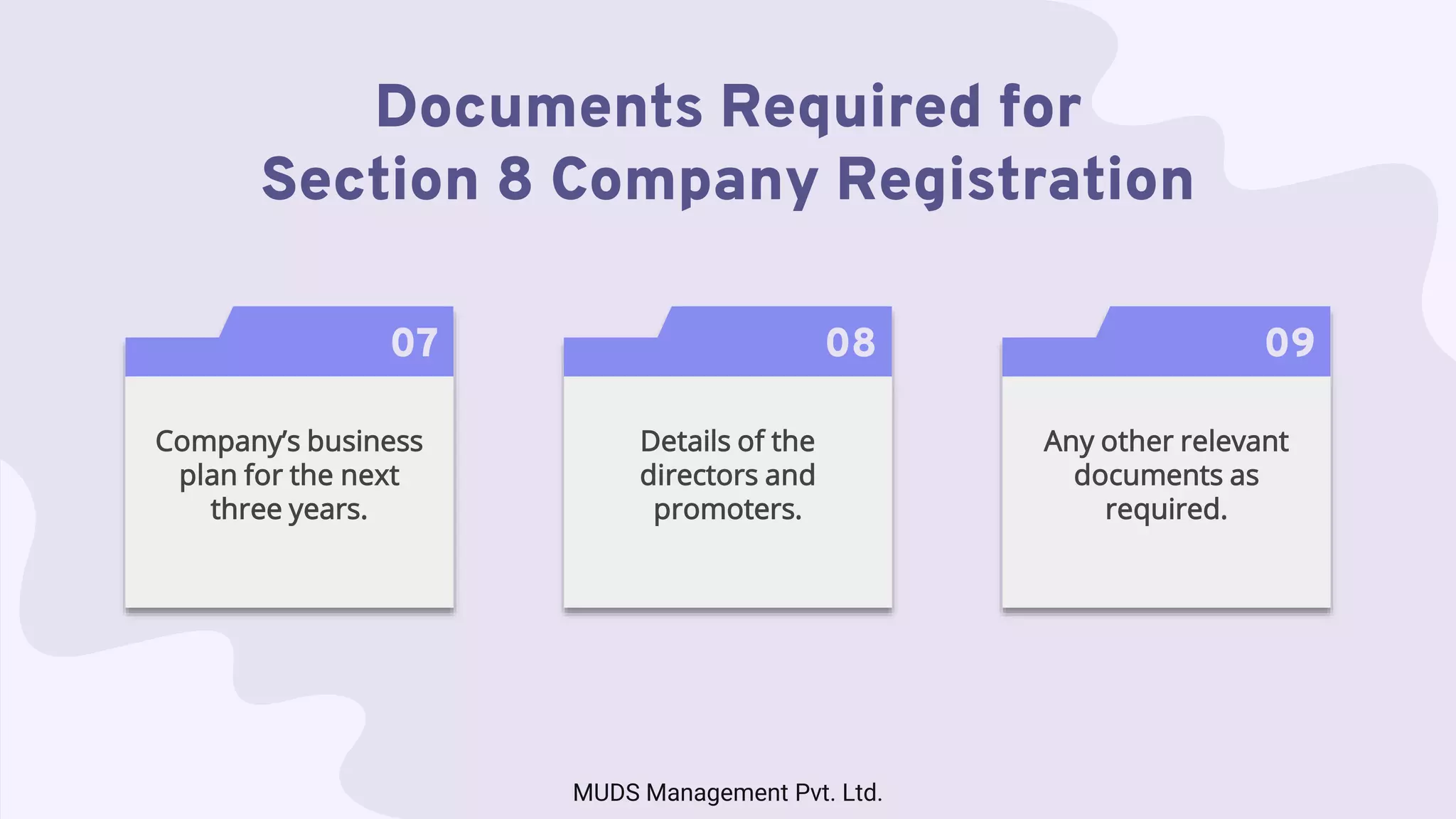 Documents Required for
Section 8 Company Registration
07
Company’s business
plan for the next
three years.
08
Details of the
directors and
promoters.
09
Any other relevant
documents as
required.
MUDS Management Pvt. Ltd.
 