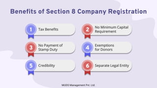 1 Tax Benefits
4
Exemptions
for Donors
6 Separate Legal Entity
2
No Minimum Capital
Requirement
5 Credibility
3
No Payment of
Stamp Duty
Benefits of Section 8 Company Registration
MUDS Management Pvt. Ltd.
 
