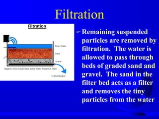 Filtration
 Remaining

suspended
particles are removed by
filtration. The water is
allowed to pass through
beds of graded sand and
gravel. The sand in the
filter bed acts as a filter
and removes the tiny
particles from the water

 