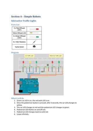 Section A – Simple Robots
Interactive Traffic Lights
Parts List

Diagram

What it will do
1. Green car LED is on, the red walk LED is on.
2. Once the pedestrian button is pressed, after 5 seconds, the car LED changes to
yellow.
3. The car LED changes to red and the pedestrian LED changes to green.
4. Pedestrian LED flashes on and off red.
5. Pedestrian LED changes back to solid red.
6. Loops infinitely.

 