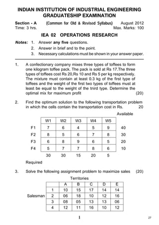 INDIAN INSTITUTION OF INDUSTRIAL ENGINEERING
GRADUATESHIP EXAMINATION
Section - A
Time: 3 hrs.

(Common for Old & Revised Syllabus)

August 2012
Max. Marks: 100

IEA 02 OPERATIONS RESEARCH
Notes: 1.
2.
3.

Answer any five questions.
Answer in brief and to the point.
Necessary calculations must be shown in your answer paper.

1.

A confectionary company mixes three types of toffees to form
one kilogram toffee pack. The pack is sold at Rs 17.The three
types of toffees cost Rs 20,Rs 10 and Rs 5 per kg respectively.
The mixture must contain at least 0.3 kg of the first type of
toffees and the weight of the first two types of toffees must at
least be equal to the weight of the tnird type. Determine the
optimal mix for maximum profit
(20)

2.

Find the optimum solution to the following transportation problem
in which the cells contain the transportation cost in Rs.
20
Available
W1

W2

W3

W4

W5

F1

7

6

4

5

9

40

F2

8

5

6

7

8

30

F3

6

8

9

6

5

20

F4

5

7

7

8

6

10

30

30

15

20

5

Required
3.

Solve the following assignment problem to maximize sales

Salesman

1
2
3
4

A
10
06
08
12

Territories
B
C
15
17
18
10
05
13
11
16

1

D
14
12
13
10

(20)

E
14
16
06
12
27

 