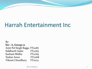 Harrah Entertainment Inc

By:
Sec –A, Group-12
Amit Pal Singh Bagga   FT12187
Siddharth Yadav        FT12163
Sushant Midha          FT12165
Tushar Arora           FT12168
Vikram Choudhary       FT12172

                  Sec-A, Group 12   1
 