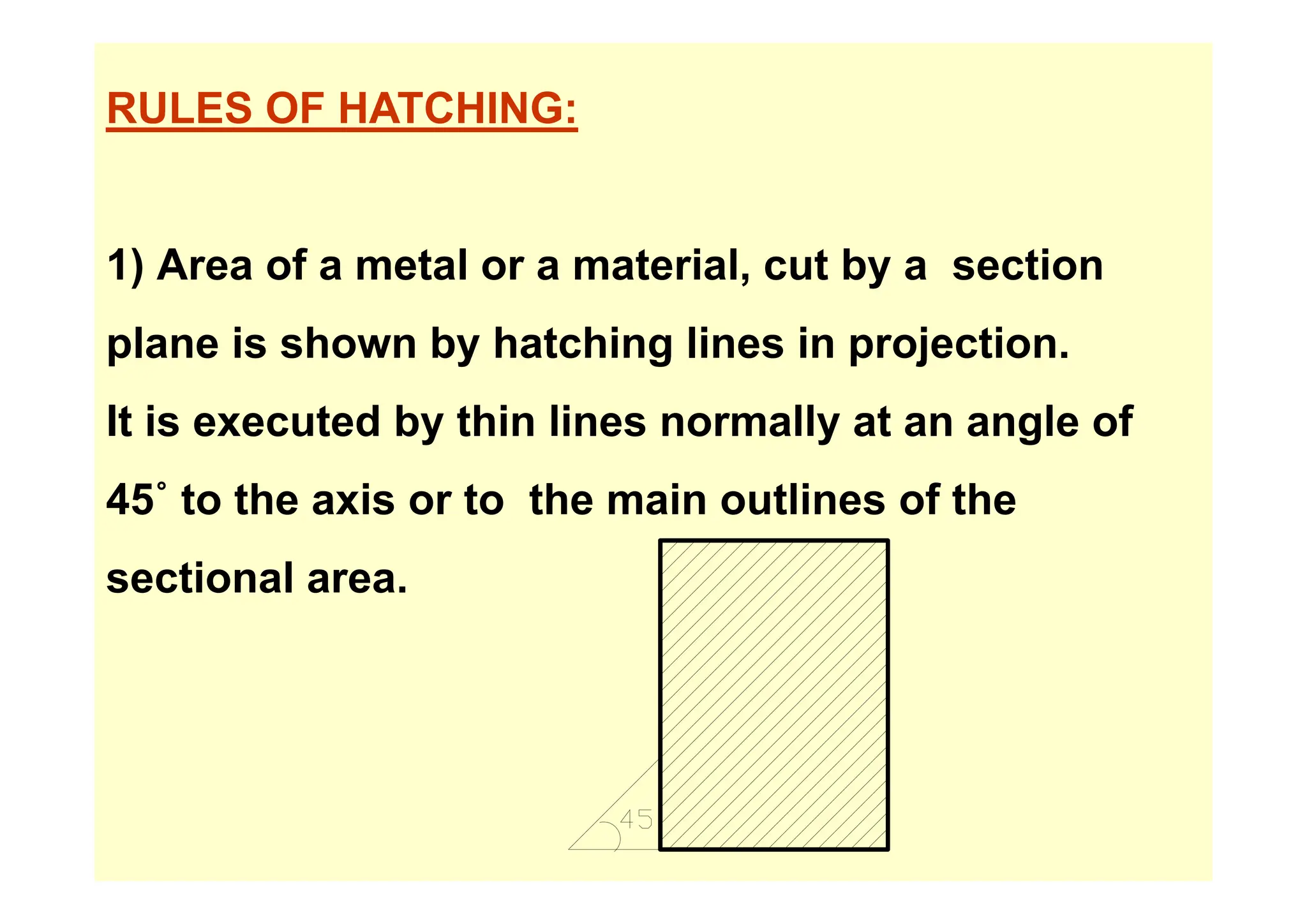 RULES OF HATCHING:
1) A f t l t i l t b ti
1) Area of a metal or a material, cut by a section
plane is shown by hatching lines in projection.
plane is shown by hatching lines in projection.
It is executed by thin lines normally at an angle of
45˚ to the axis or to the main outlines of the
ti l
sectional area.
 
