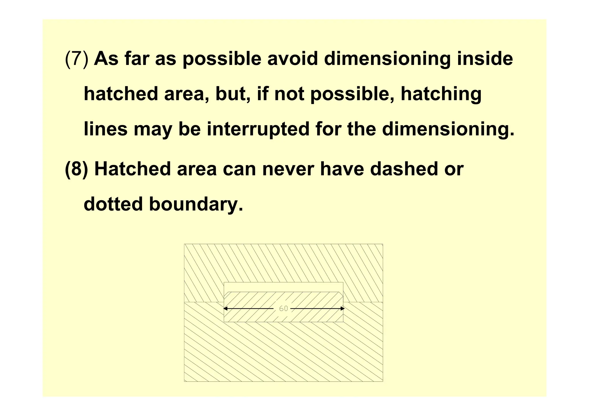 (7) As far as possible avoid dimensioning inside
( ) p g
hatched area, but, if not possible, hatching
lines may be interrupted for the dimensioning.
(8) Hatched area can never have dashed or
dotted boundary.
dotted boundary.
 