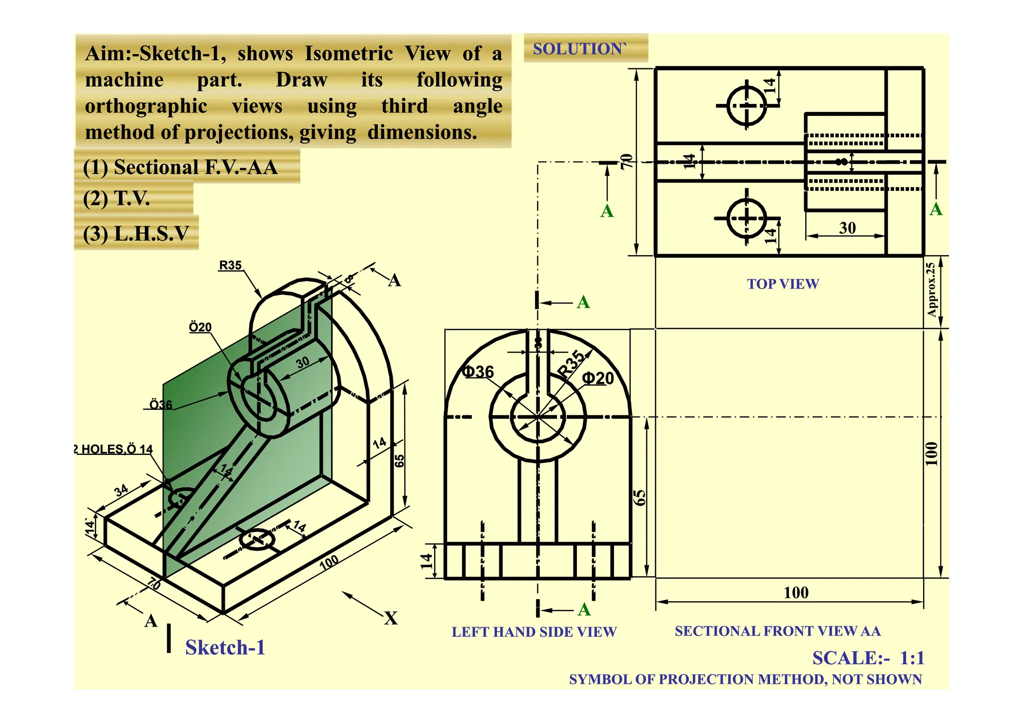 Aim
Aim:
:-
-Sketch
Sketch-
-1
1,
, shows
shows Isometric
Isometric View
View of
of a
a
machine
machine part
part.
. Draw
Draw its
its following
following
orthographic
orthographic views
views using
using third
third angle
angle
SOLUTION`
SOLUTION`
g p
g p g
g g
g
method
method of
of projections,
projections, giving
giving dimensions
dimensions.
.
(1) Sectional F.V.
(1) Sectional F.V.-
-AA
AA
(2) T V
(2) T V
(2) T.V.
(2) T.V.
(3) L.H.S.V
(3) L.H.S.V
A
A TOP VIEW
TOP VIEW
R35
R35
A
A
A
A
30
30
A
A
8
8
A
A
TOP VIEW
TOP VIEW
Ö20
Ö20
Φ20
Φ20
Φ36
Φ36
Ö
Ö
Ö36
Ö36
0
0
2 HOLES,Ö 14
2 HOLES,Ö 14
65
65
4`
4`
100
100
A
A
14
14
A
A
A
A
LEFT HAND SIDE VIEW
LEFT HAND SIDE VIEW SECTIONAL FRONT VIEW AA
SECTIONAL FRONT VIEW AA
X
X
SCALE:
SCALE:-
- 1:1
1:1
SYMBOL OF PROJECTION METHOD, NOT SHOWN
SYMBOL OF PROJECTION METHOD, NOT SHOWN
Sketch
Sketch-
-1
1
 