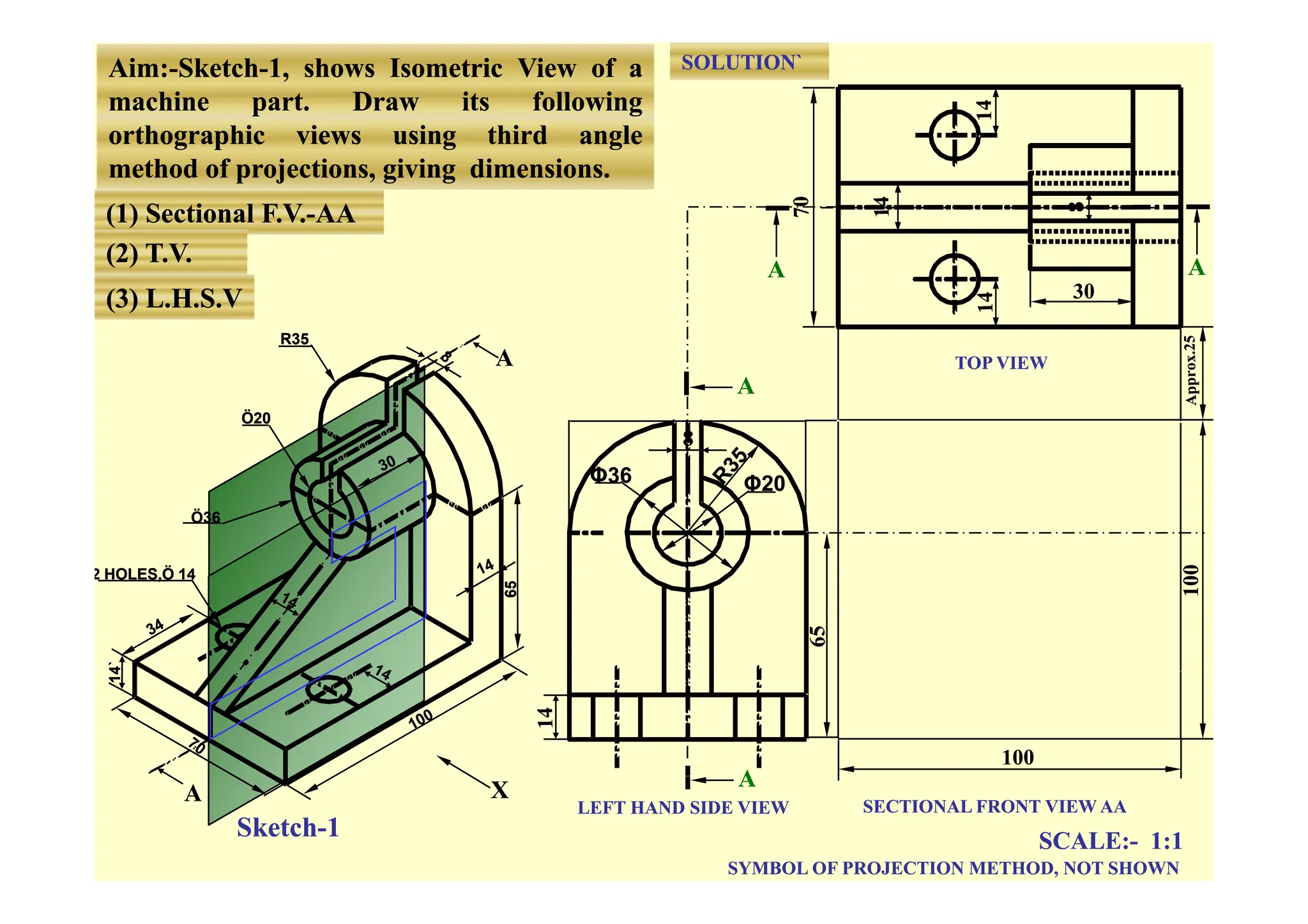 Aim
Aim:
:-
-Sketch
Sketch-
-1
1,
, shows
shows Isometric
Isometric View
View of
of a
a
machine
machine part
part.
. Draw
Draw its
its following
following
orthographic
orthographic views
views using
using third
third angle
angle
SOLUTION`
SOLUTION`
g p
g p g
g g
g
method
method of
of projections,
projections, giving
giving dimensions
dimensions.
.
(1) Sectional F.V.
(1) Sectional F.V.-
-AA
AA
(2) T V
(2) T V
(2) T.V.
(2) T.V.
(3) L.H.S.V
(3) L.H.S.V
A
A TOP VIEW
TOP VIEW
R35
R35
A
A
A
A
30
30
A
A
8
8
A
A
TOP VIEW
TOP VIEW
Ö20
Ö20
Φ20
Φ20
Φ36
Φ36
Ö
Ö
Ö36
Ö36
0
0
2 HOLES,Ö 14
2 HOLES,Ö 14
65
65
4`
4`
100
100
A
A
14
14
A
A
A
A
LEFT HAND SIDE VIEW
LEFT HAND SIDE VIEW SECTIONAL FRONT VIEW AA
SECTIONAL FRONT VIEW AA
X
X
SCALE:
SCALE:-
- 1:1
1:1
SYMBOL OF PROJECTION METHOD, NOT SHOWN
SYMBOL OF PROJECTION METHOD, NOT SHOWN
Sketch
Sketch-
-1
1
 