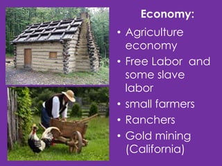 Economy:
• Agriculture
economy
• Free Labor and
some slave
labor
• small farmers
• Ranchers
• Gold mining
(California)

 