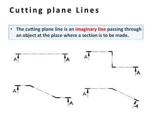 C u tt i n g p l a n e L i n e s
• The cutting plane line is an imaginary line passing through
an object at the place where a section is to be made.
 