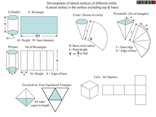 πD
H
D
SS
H
L
θ
θ = R
L
+
3600
R=Base circle radius.
L=Slant height.
L= Slant edge.
S = Edge of base
L
S
S
H= Height S = Edge of base
H= Height D= base diameter
Development of lateral surfaces of different solids.
(Lateral surface is the surface excluding top & base)
Prisms: No.of Rectangles
Cylinder: A Rectangle
Cone: (Sector of circle) Pyramids: (No.of triangles)
Tetrahedron: Four Equilateral Triangles
All sides
equal in length
Cube: Six Squares.
 