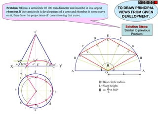 h
a
b
c
d
g
f
e
o’
a’ b’ d’c’ g’ f’h’ e’
X Y
A
B
C
D
E
F
G
H
A
O L
1
2
3
4
5
6
7
θ = R
L
+
3600
R=Base circle radius.
L=Slant height.
θ1’1’
2’2’ 3’3’
4’4’
5’5’
6’6’
7’7’
11
22
33
44
55
6677
Problem 7:Problem 7:Draw a semicircle 0f 100 mm diameter and inscribe in it a largestDraw a semicircle 0f 100 mm diameter and inscribe in it a largest
rhombusrhombus.If the semicircle is development of a cone and rhombus is some curve.If the semicircle is development of a cone and rhombus is some curve
on it, then draw the projections of cone showing that curve.on it, then draw the projections of cone showing that curve.
TO DRAW PRINCIPALTO DRAW PRINCIPAL
VIEWS FROM GIVENVIEWS FROM GIVEN
DEVELOPMENT.DEVELOPMENT.
Solution Steps:Solution Steps:
Similar to previousSimilar to previous
Problem:Problem:
 