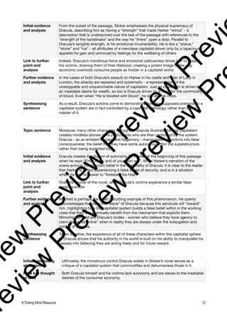 Initial evidence
and analysis
From the outset of the passage, Stoker emphasises the physical supremacy of
Dracula, describing him as having a “strength” that made Harker “wince” - a
description that is underscored over the rest of the passage with references to the
“strength of the handshake” and the way he “threw” open a door. Parallel to
Dracula’s tangible strength, is his emotional invulnerability. He is like a “statue,”
“stone” and “ice” - all attributes of a merciless capitalist driven only by a rapacious
appetite for gain and unmoved by feelings for the wellbeing of others.
Link to further
point and
analysis
Indeed, Dracula’s monstrous force and emotional callousness drives him to assault
his victims, draining them of their lifeblood, creating a potent image of the way
economic overlords consume people as fodder in a capitalist world.
Further evidence
and analysis
In the cases of both Dracula’s assault on Harker in his castle and later of Lucy in
London, the attacks are repeated and systematic - a representation of the
unstoppable and unquenchable nature of capitalism. Just as capitalism is driven by
an insatiable desire for wealth, so too is Dracula driven by a need for the commodity
of blood. Even when “He is bloated with blood”, he still desires more.
Synthesising
sentence
As a result, Dracula’s actions come to demonstrate how the supposed overlords in a
capitalist system are in fact controlled by a capitalist pathology rather than being
master of it.
Topic sentence Moreover, many other characters throughout Dracula illustrate the way capitalism
creates mindless drones of its participants who are then controlled by the system.
Dracula - as an emblem of capitalist hegemony - manipulates his victims into false
consciousness: the belief that they have some autonomy within the superstructure
rather than being exploited by it.
Initial evidence
and analysis
Dracula creates the illusion of autonomy for Harker at the beginning of this passage
when he says “Enter freely and of your own will”. While Harker’s narration of the
scene evinces his innocent belief in the hospitality of Dracula, it is clear to the reader
that Harker is in fact experiencing a false sense of security, and is in a situation
where he has no power to “forestall” his host.
Link to further
point and
analysis
Over the course of the novel, all of Dracula’s victims experience a similar false
consciousness.
Further evidence
and analysis
Renfield is perhaps the most disturbing example of this phenomenon. He openly
acknowledges that he is the “slave” of Dracula because this servitude will “reward”
him, highlighting how the capitalist system builds a false belief within in the working
class that they can eventually benefit from the mechanism that exploits them.
Mirroring Renfield are Dracula’s brides - women who believe they have agency to
claim Harker as “mine” when in reality they are always under the subjugation and
control of Dracula.
Synthesising
sentence
Taken together, the experience of all of these characters within the capitalist sphere
of Dracula shows that his authority in his world is built on his ability to manipulate his
vassals into believing they are acting freely and for future reward.
Initial concluding
statement
Ultimately, the monstrous control Dracula wields in Stoker’s novel serves as a
critique of a capitalist system that commodifies and dehumanises those in it.
Final key thought
or idea
Both Dracula himself and his victims lack autonomy and are slaves to the insatiable
desires of the consumer economy.
A Ticking Mind Resource 12
v
i
e
w
P
r
e
v
i
e
w
P
r
e
v
i
e
w
P
r
e
v
i
r
e
v
i
e
w
P
r
e
v
i
e
w
P
r
e
v
i
e
w
P
r
 