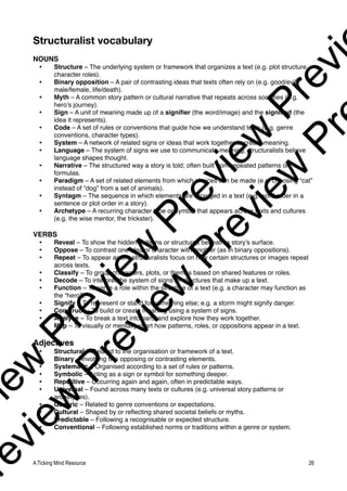 Structuralist vocabulary
NOUNS
• Structure – The underlying system or framework that organizes a text (e.g. plot structure,
character roles).
• Binary opposition – A pair of contrasting ideas that texts often rely on (e.g. good/evil,
male/female, life/death).
• Myth – A common story pattern or cultural narrative that repeats across societies (e.g.
hero’s journey).
• Sign – A unit of meaning made up of a signifier (the word/image) and the signified (the
idea it represents).
• Code – A set of rules or conventions that guide how we understand texts (e.g. genre
conventions, character types).
• System – A network of related signs or ideas that work together to create meaning.
• Language – The system of signs we use to communicate meaning; structuralists believe
language shapes thought.
• Narrative – The structured way a story is told; often built from repeated patterns or
formulas.
• Paradigm – A set of related elements from which choices can be made (e.g. choosing “cat”
instead of “dog” from a set of animals).
• Syntagm – The sequence in which elements are arranged in a text (e.g. word order in a
sentence or plot order in a story).
• Archetype – A recurring character type or symbol that appears across texts and cultures
(e.g. the wise mentor, the trickster).
VERBS
• Reveal – To show the hidden patterns or structures beneath a story’s surface.
• Oppose – To contrast one idea or character with another (as in binary oppositions).
• Repeat – To appear again; structuralists focus on how certain structures or images repeat
across texts.
• Classify – To group characters, plots, or themes based on shared features or roles.
• Decode – To interpret the system of signs or structures that make up a text.
• Function – To serve a role within the structure of a text (e.g. a character may function as
the “hero”).
• Signify – To represent or stand for something else; e.g. a storm might signify danger.
• Construct – To build or create meaning using a system of signs.
• Analyse – To break a text into parts and explore how they work together.
• Map – To visually or mentally chart how patterns, roles, or oppositions appear in a text.
Adjectives
• Structural – Related to the organisation or framework of a text.
• Binary – Involving two opposing or contrasting elements.
• Systematic – Organised according to a set of rules or patterns.
• Symbolic – Acting as a sign or symbol for something deeper.
• Repetitive – Occurring again and again, often in predictable ways.
• Universal – Found across many texts or cultures (e.g. universal story patterns or
archetypes).
• Generic – Related to genre conventions or expectations.
• Cultural – Shaped by or reflecting shared societal beliefs or myths.
• Predictable – Following a recognisable or expected structure.
• Conventional – Following established norms or traditions within a genre or system.
A Ticking Mind Resource 26
v
i
e
w
P
r
e
v
i
e
w
P
r
e
v
i
e
w
P
r
e
v
i
r
e
v
i
e
w
P
r
e
v
i
e
w
P
r
e
v
i
e
w
P
r
 