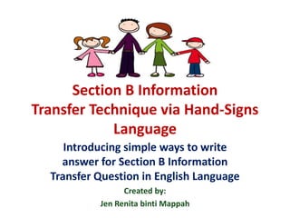 Section B Information
Transfer Technique via Hand-Signs
Language
Introducing simple ways to write
answer for Section B Information
Transfer Question in English Language
Created by:
Jen Renita binti Mappah
 