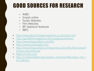 GOOD SOURCES FOR RESEARCH
• IMBD
• Empire online
• Studio Websites
• Film Websites
• BFI Statistical Yearbook
• BBFC
• http://www.electricsheepmagazine.co.uk/index.html
• http://gorillafilmmagazine.com/category/reviews/
• http://www.theguardian.com/film
• http://www.screendaily.com/
• http://www.theguardian.com/business/2012/dec/06/cineworl
d-buys-picturehouse
• https://mubi.com/
• http://creativeskillset.org/creative_industries/film/ways_into_t
he_industry
 